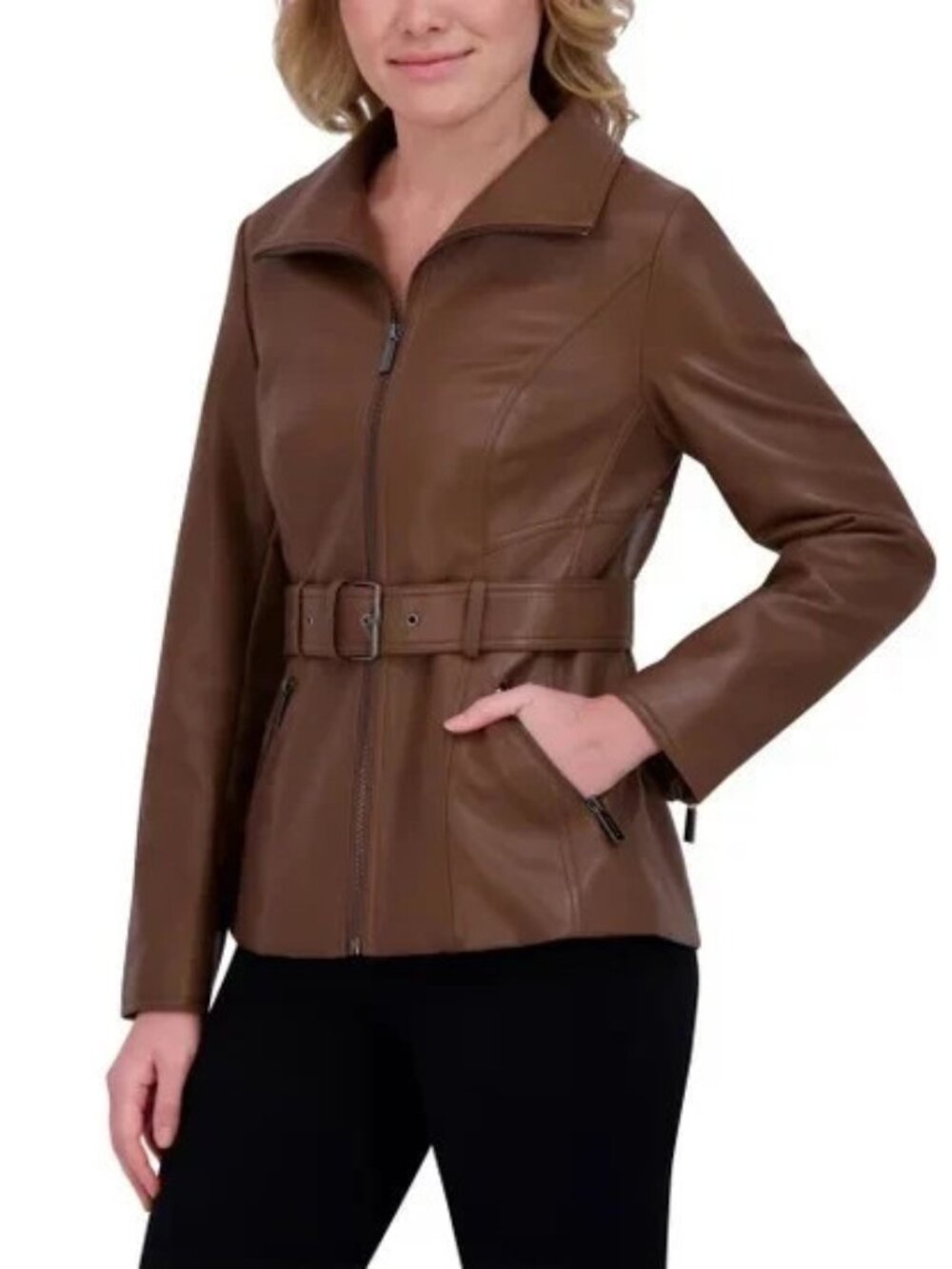 Kenneth Cole Women's Belted Faux Leather Jacket NEW